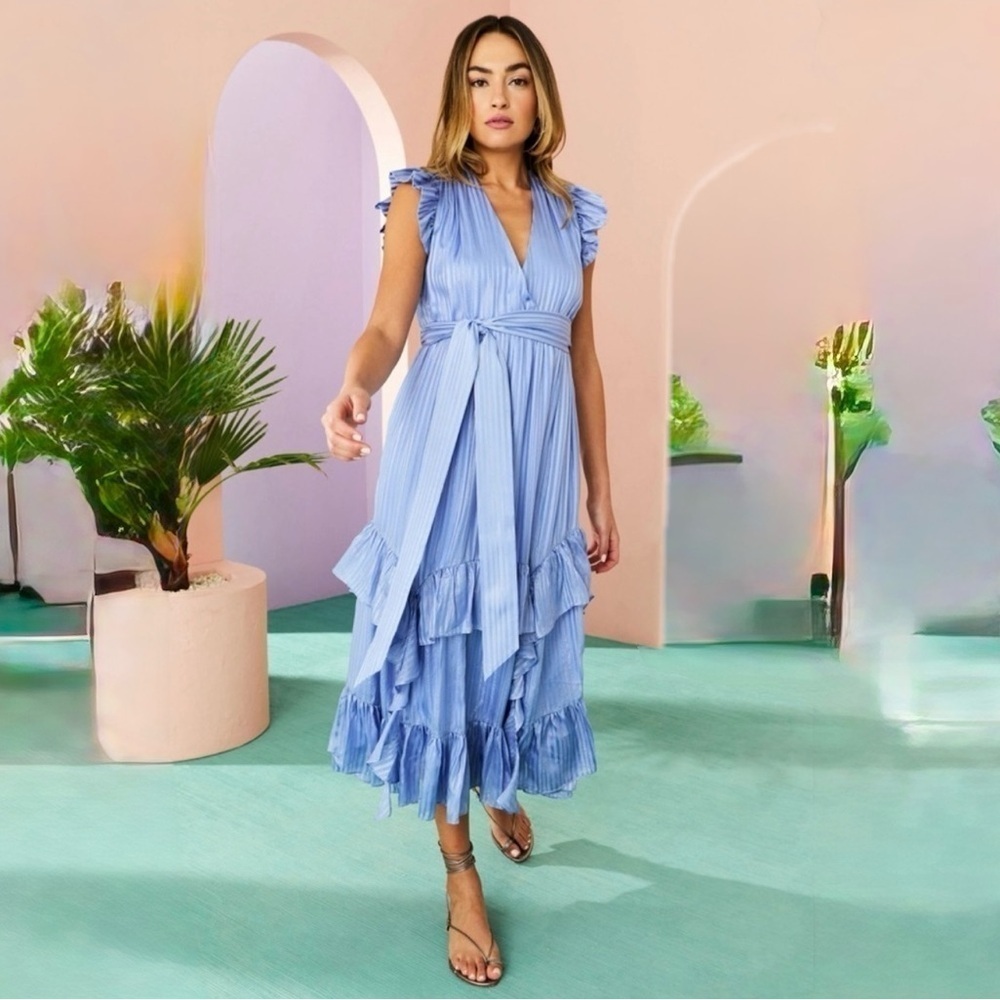 MARIE OLIVER Silk Uma Ruffle Midi Dress in Blue Jay Size M - Picture 4 of 13